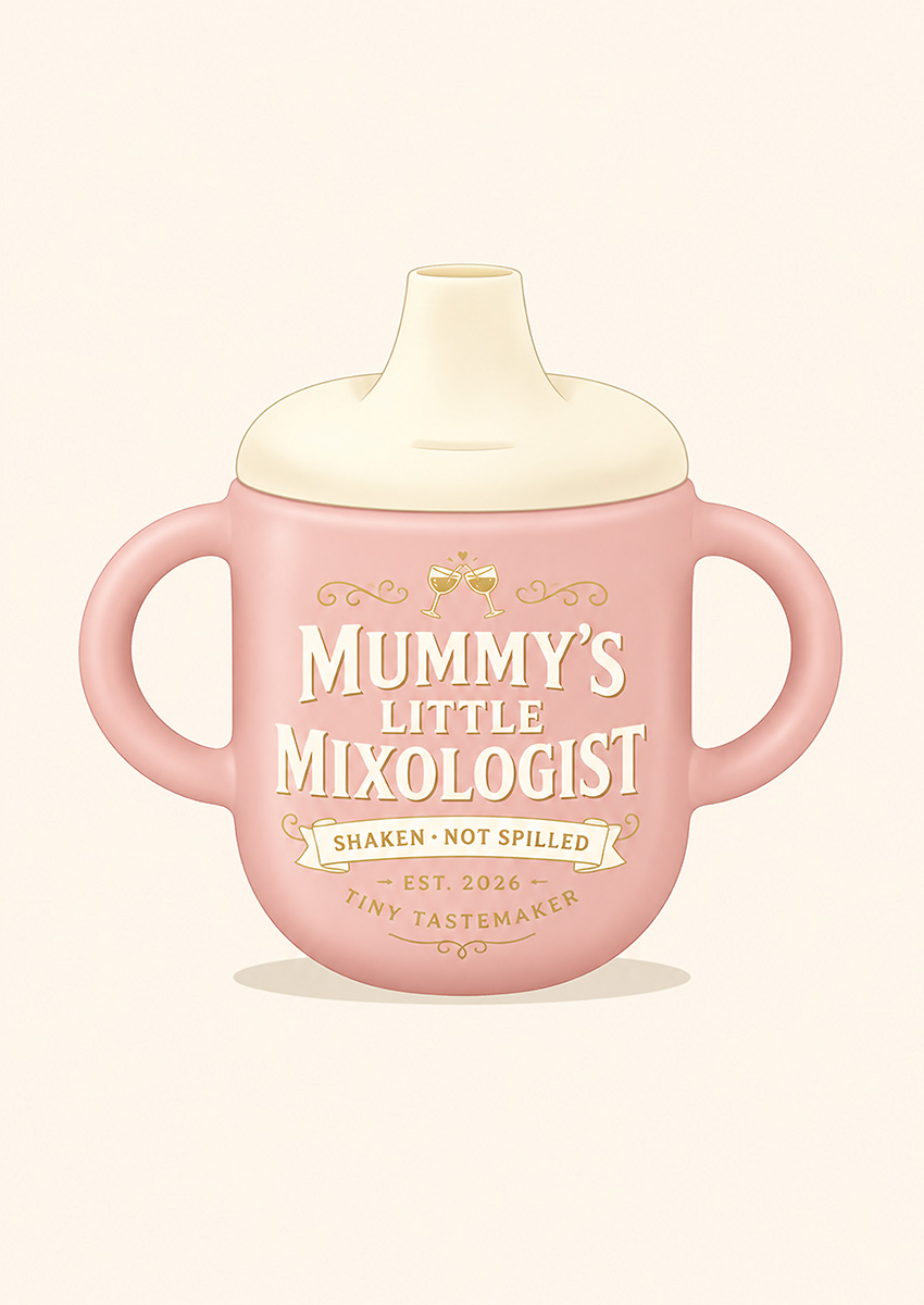 Illustration of a pink baby bottle with the text Mummy's Little Mixologist in a modern minimalist style